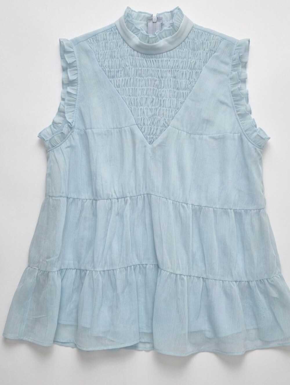 Light Blue Sheer Tiered Smocked Sleeveless Top | Ruffled Zip Back Blouse S